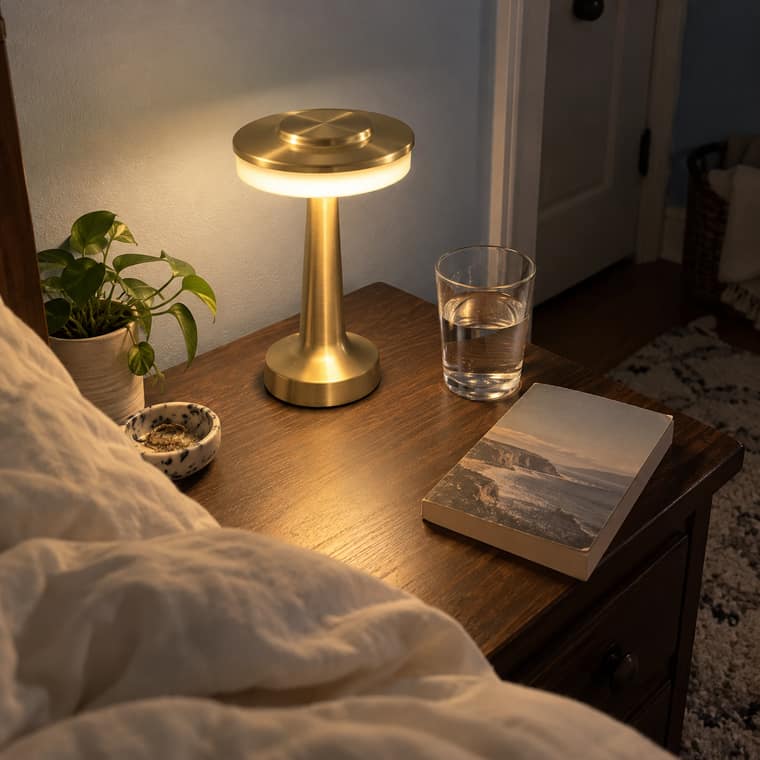 Gold C lamp on a nightstand, viewed diagonally from the bed.