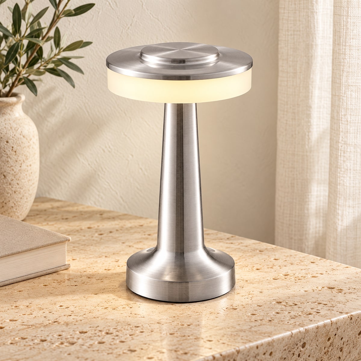  Silver C-style cordless table lamp.
