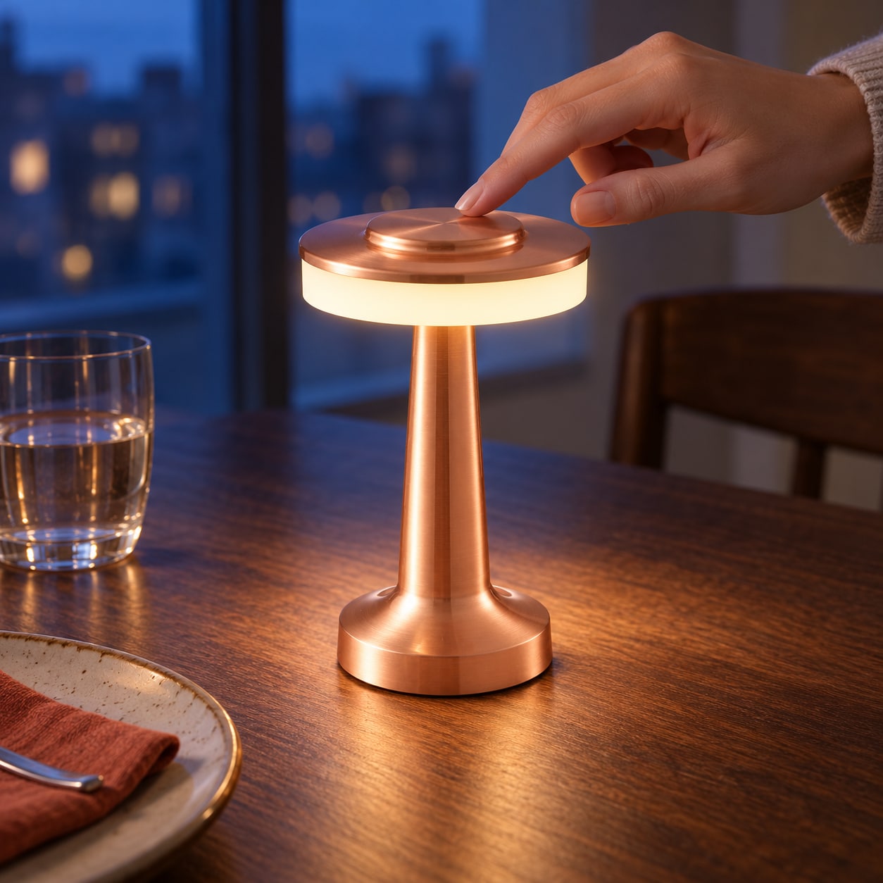 Rose-gold C lamp with a fingertip on its top touch control at a blue-hour dinner table.