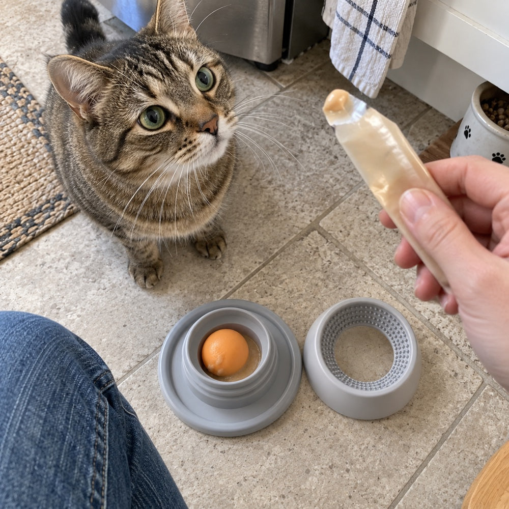 owner's downward view of a brown tabby waiting beside the open Grey feeder and its loose ball.