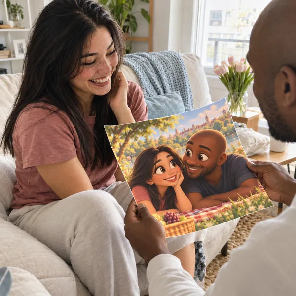Couple sharing a personal cartoon portrait gift
