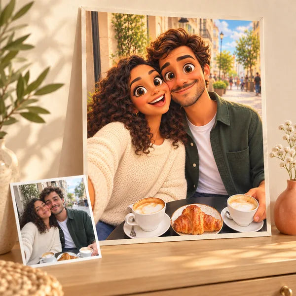 Example custom cartoon canvas with its matching original photo