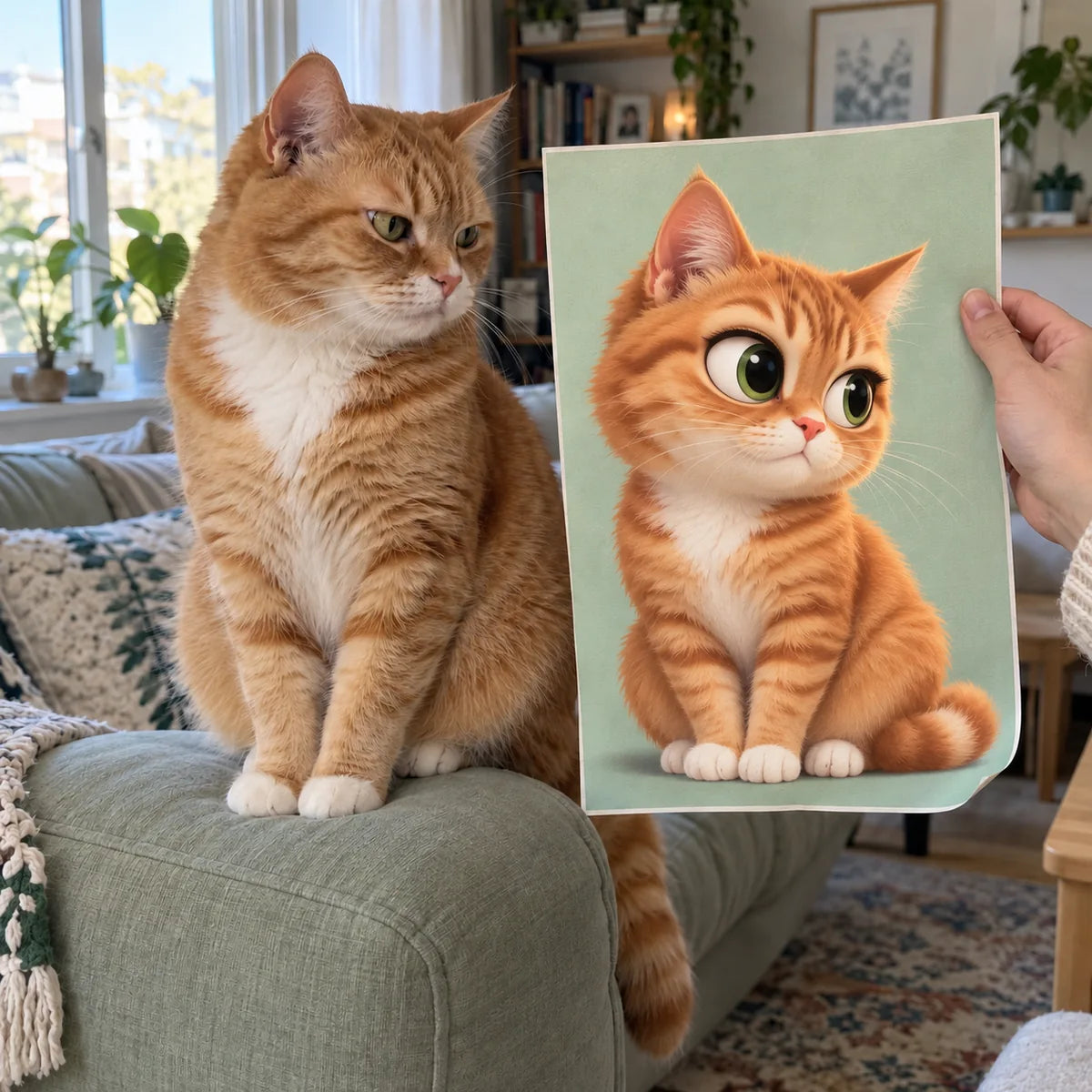 Example ginger cat and its matching cartoon-style portrait