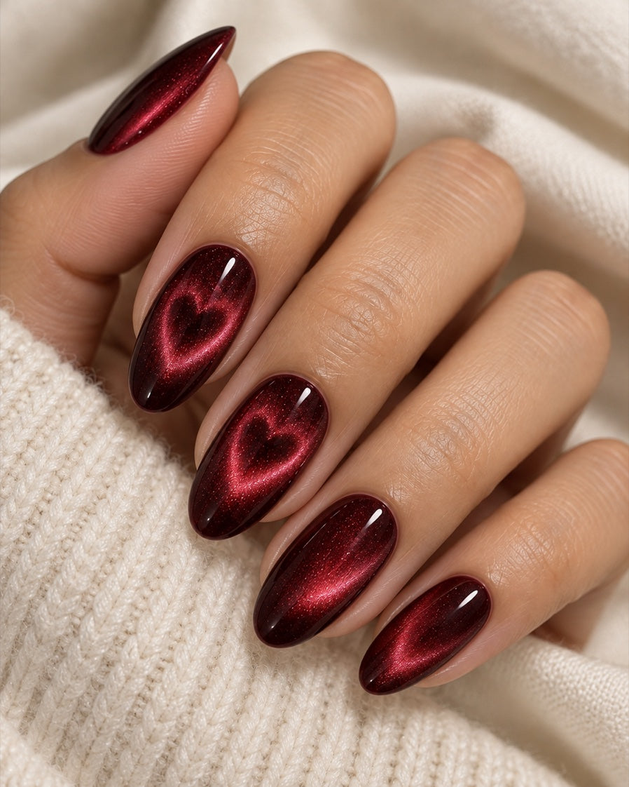 soft pink magnetic heart contours in dark berry gel on an adult hand
