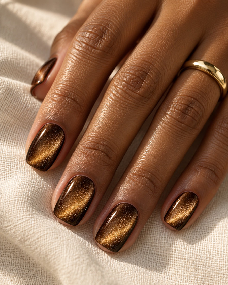 a broad soft golden magnetic glow on short bronze nails