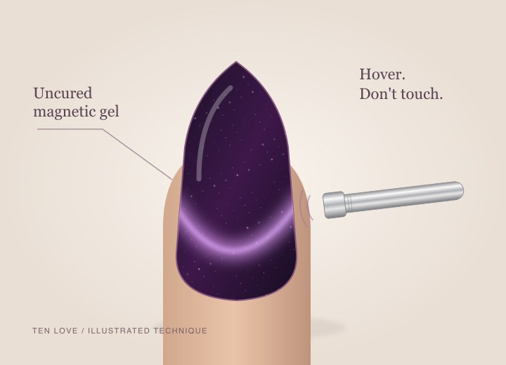 A magnet hovers beside an uncured violet gel nail, changing the curved shimmer without touching the nail.