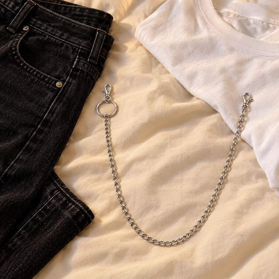 Single chain flatlay with black jeans and white tee