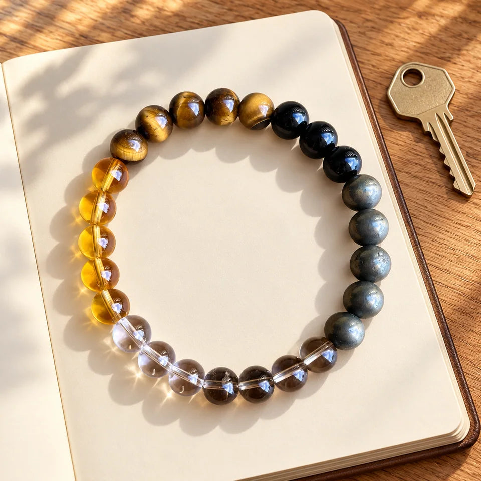 Road Opener bracelet lying on an open blank planner beside a house key.