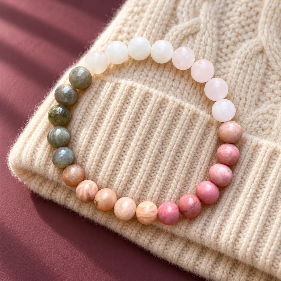 Self-Love bracelet on an unworn folded cream knit cardigan over a plum tabletop.