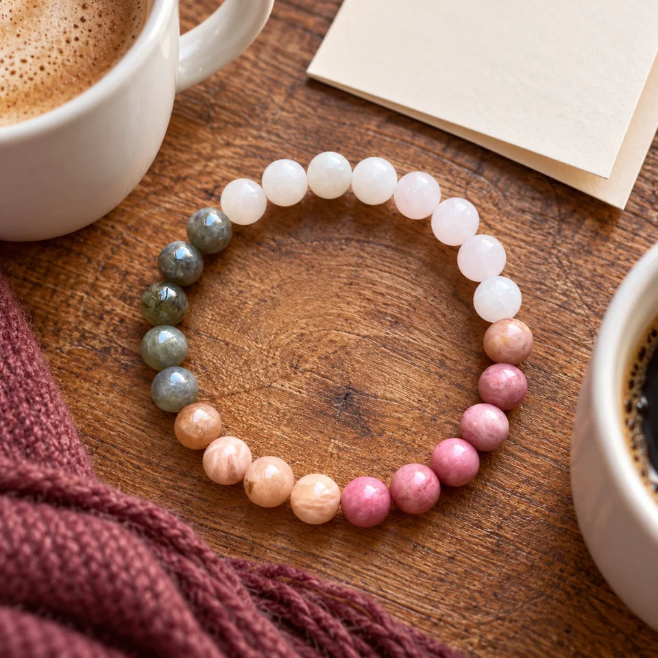 One Self-Love bracelet on a cafe tabletop between two cups and a separate blank note.