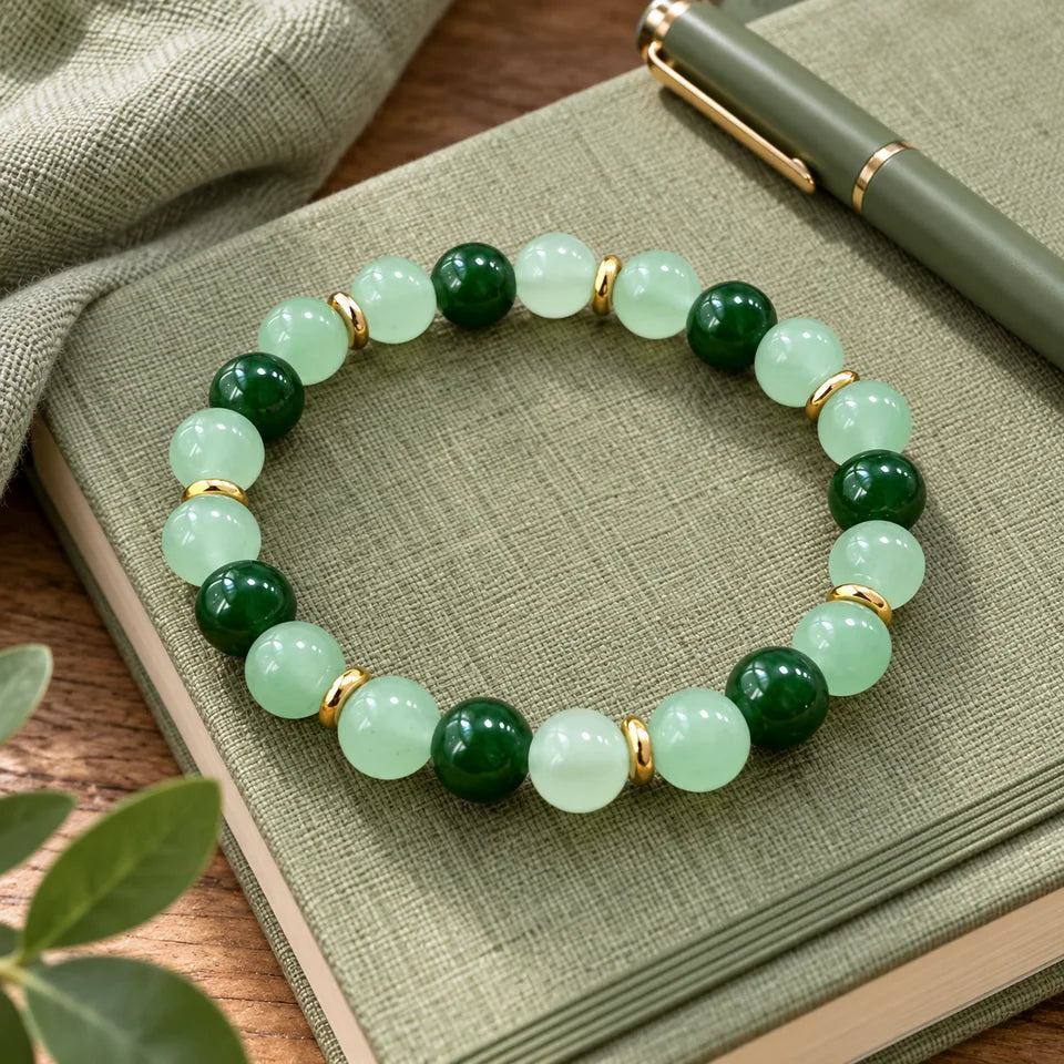 One green bracelet on a blank journal cover beside a pen.