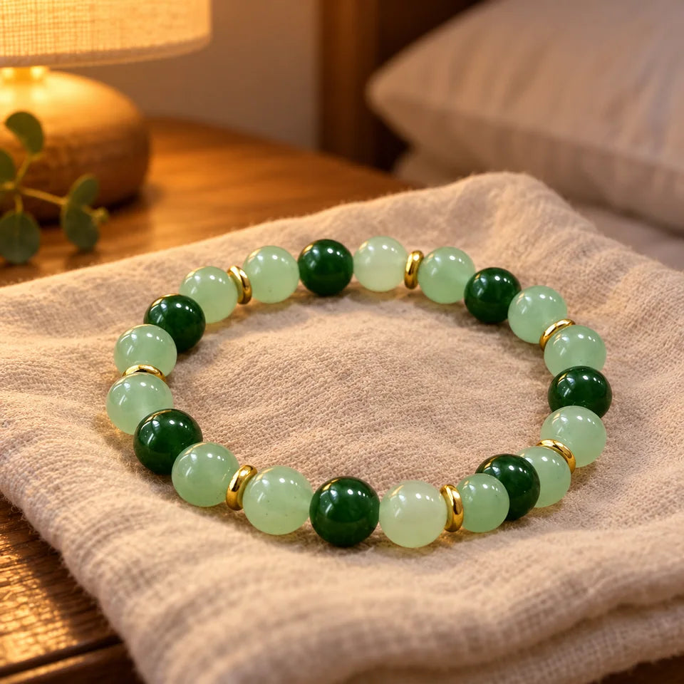 Single green bracelet resting on undyed cotton beside a bedside lamp.