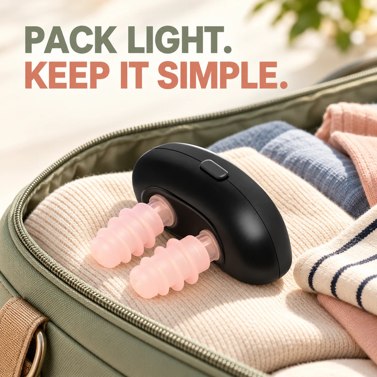 Compact form styled beside a travel bag; props are not included.