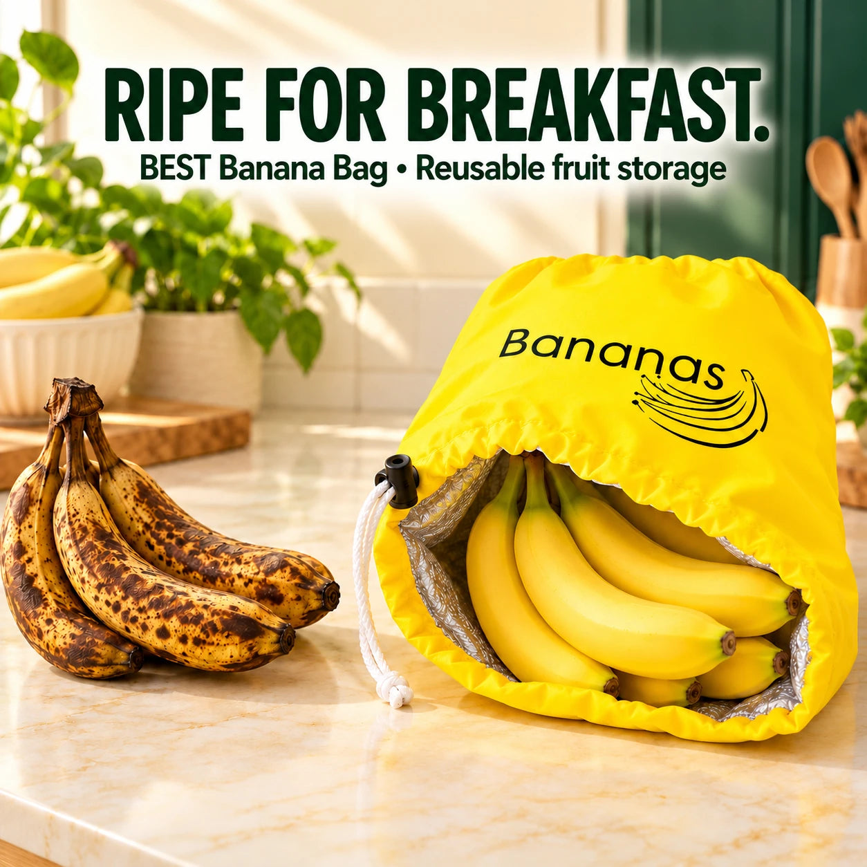 Ripe for breakfast. Dark-spotted fruit contrasts with ripe yellow bananas in the open bag. Illustration, not measured before-and-after evidence. Results vary with ripeness, temperature and handling.