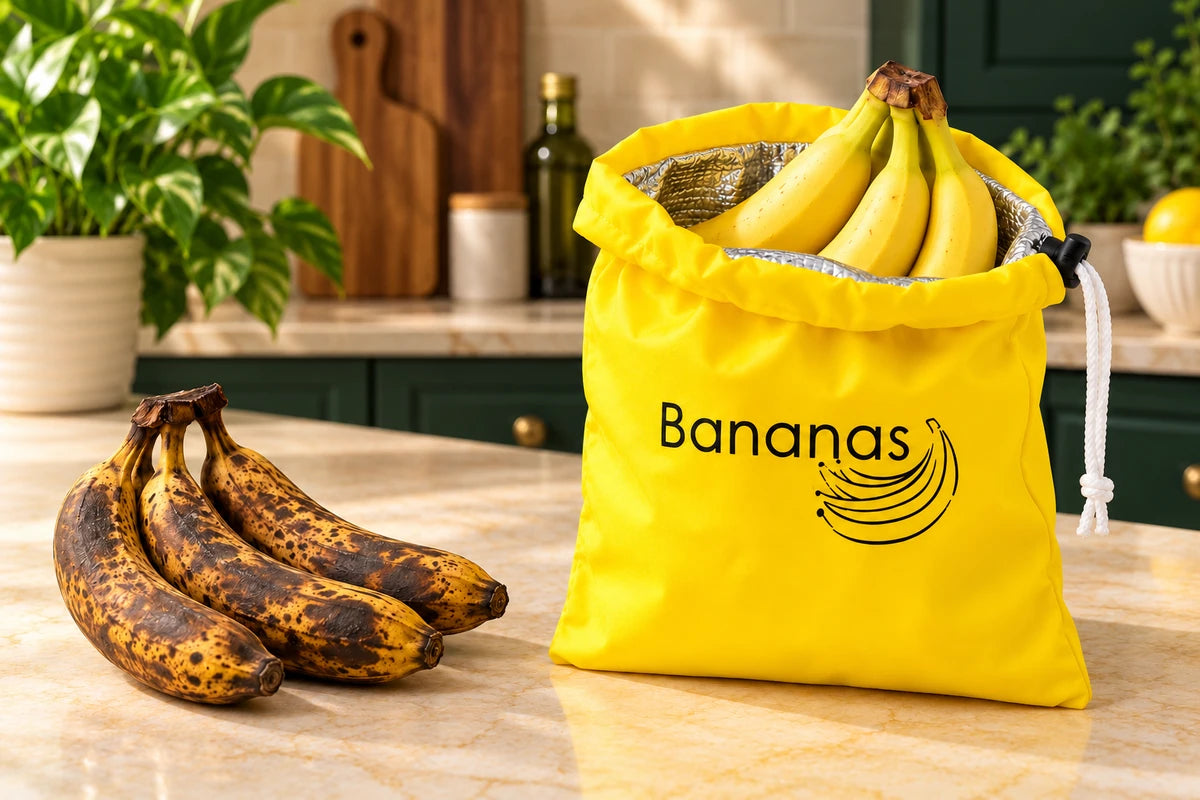 Illustrative comparison: dark, heavily spotted overripe bananas beside ripe yellow bananas resting inside the open yellow BEST Banana Bag.