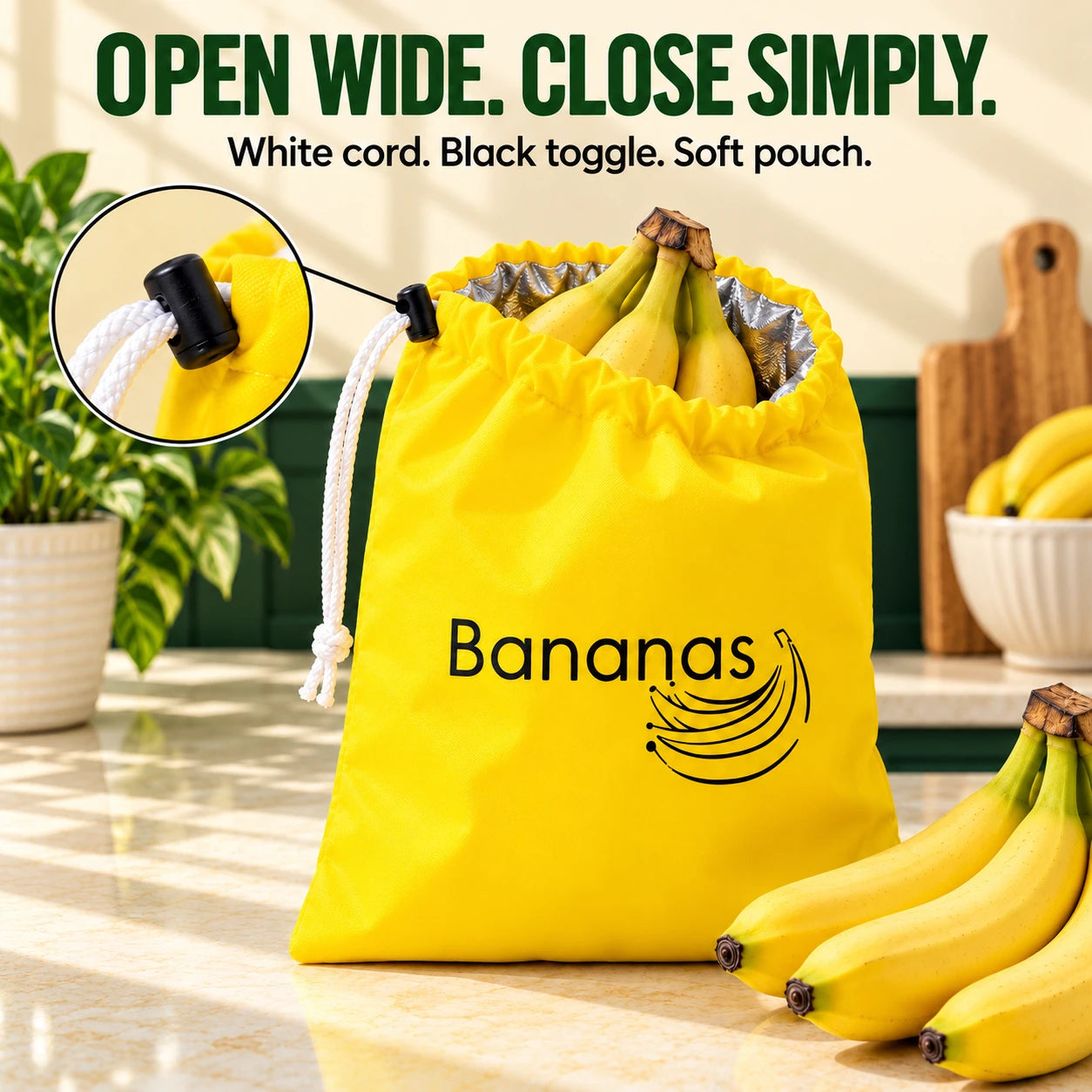Open wide. Close simply. The white drawstring and black toggle, shown close up.