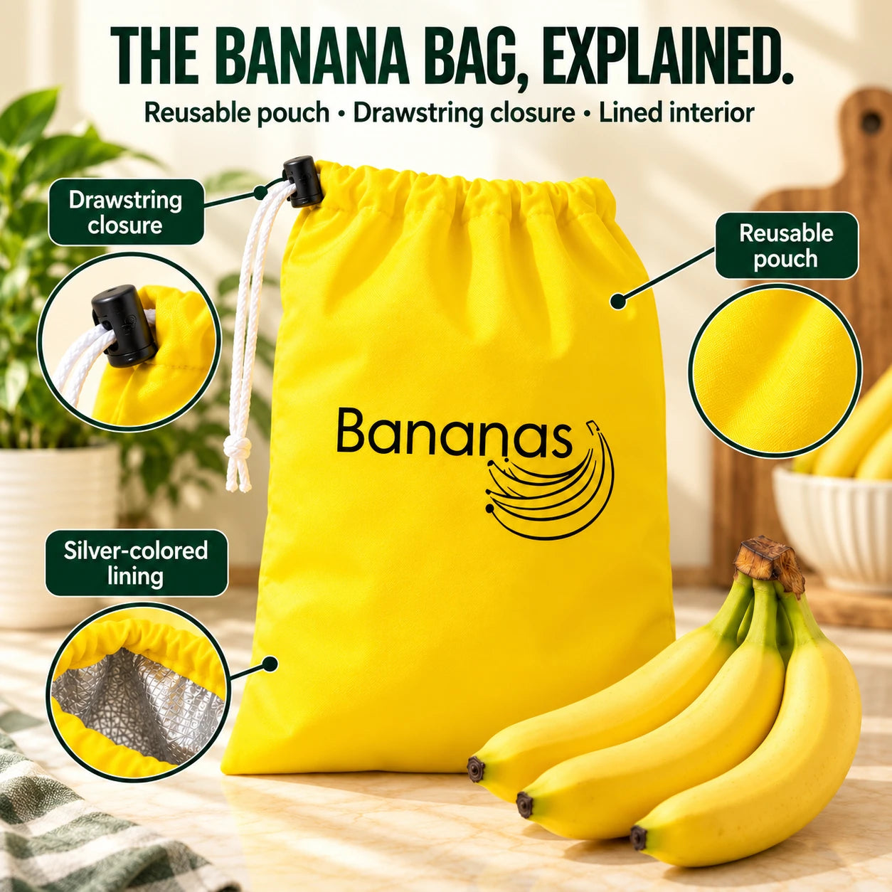The banana bag, explained. See the reusable pouch, drawstring closure and silver-colored lining.