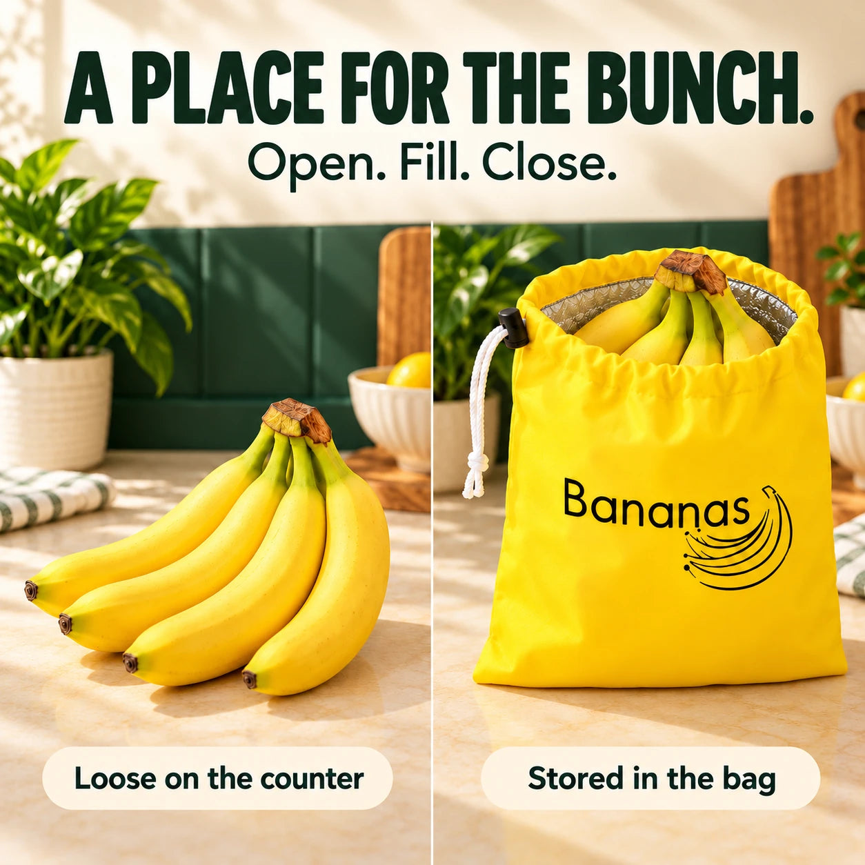 A place for the bunch. A loose ripe bunch and ripe fruit placed in the bag show an organization idea, not an elapsed-time freshness test. Illustration.