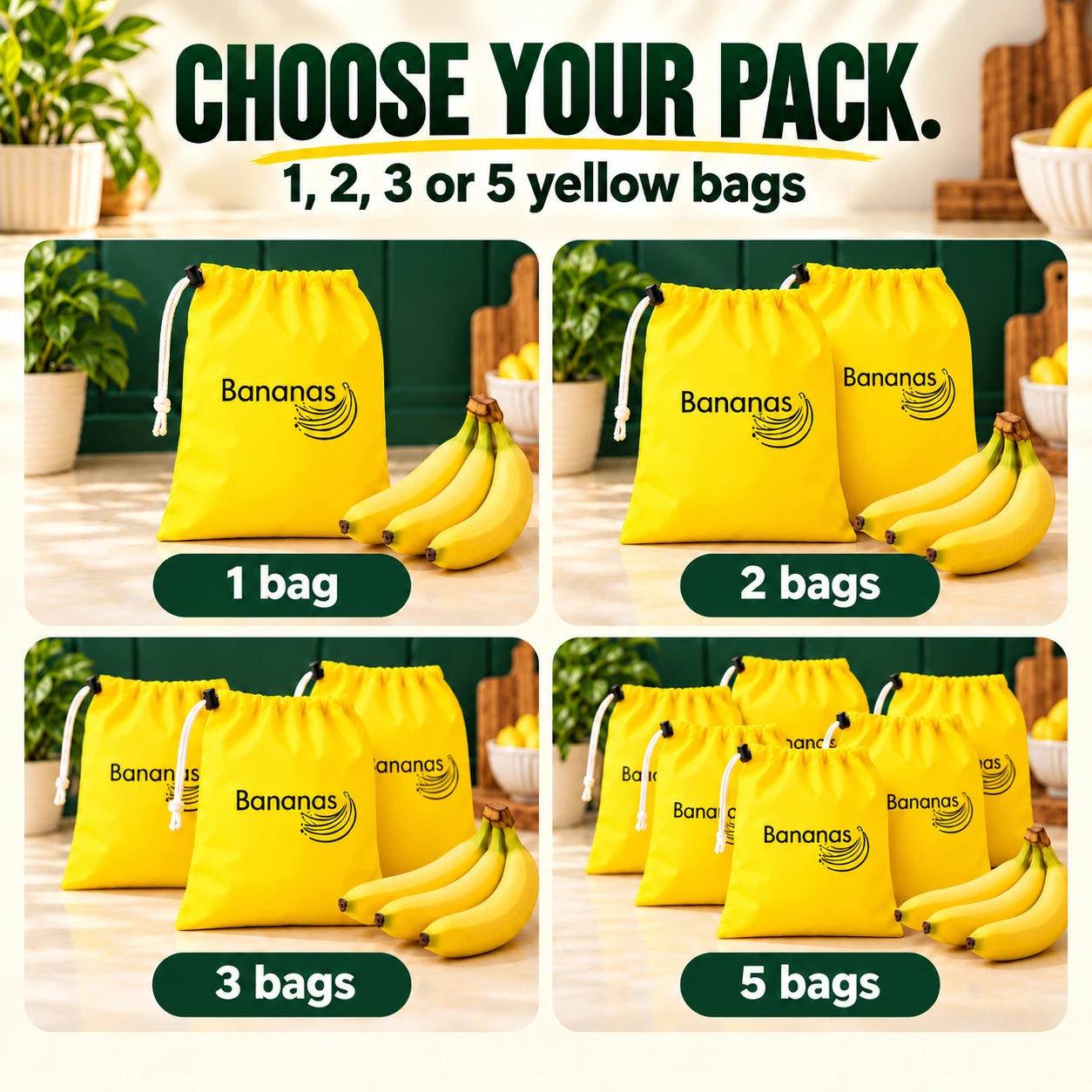 Choose your pack. Yellow1-,2-,3- and5-bag options shown separately. Choose one pack in the selector; this guide does not show one combined order.