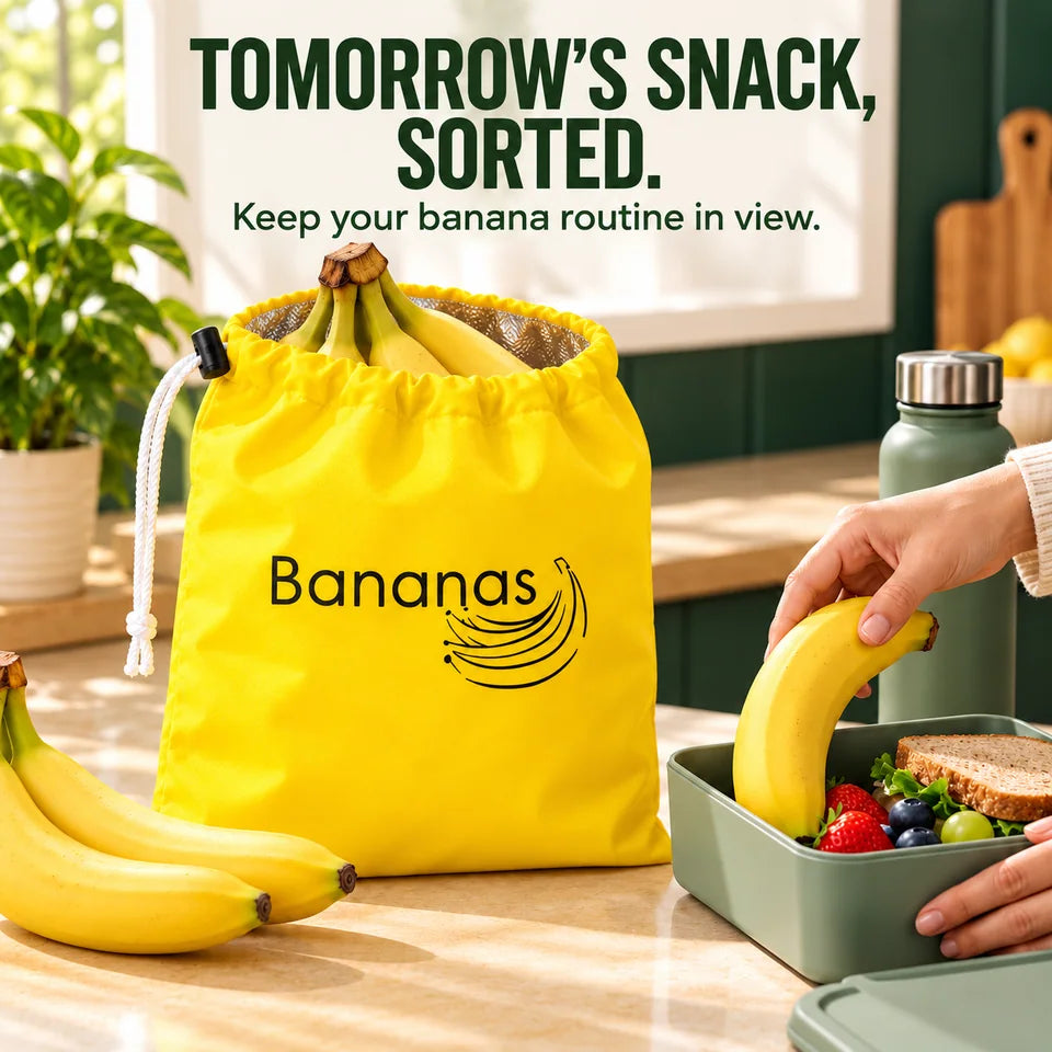 Tomorrow’s snack, sorted. A banana joins a lunchbox beside the yellow storage pouch. Lunchbox and food are styling props.