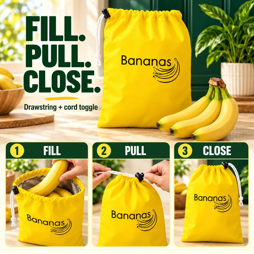 Fill. Pull. Close. A three-step physical guide shows filling the bag, pulling the white cord and closing the black toggle.
