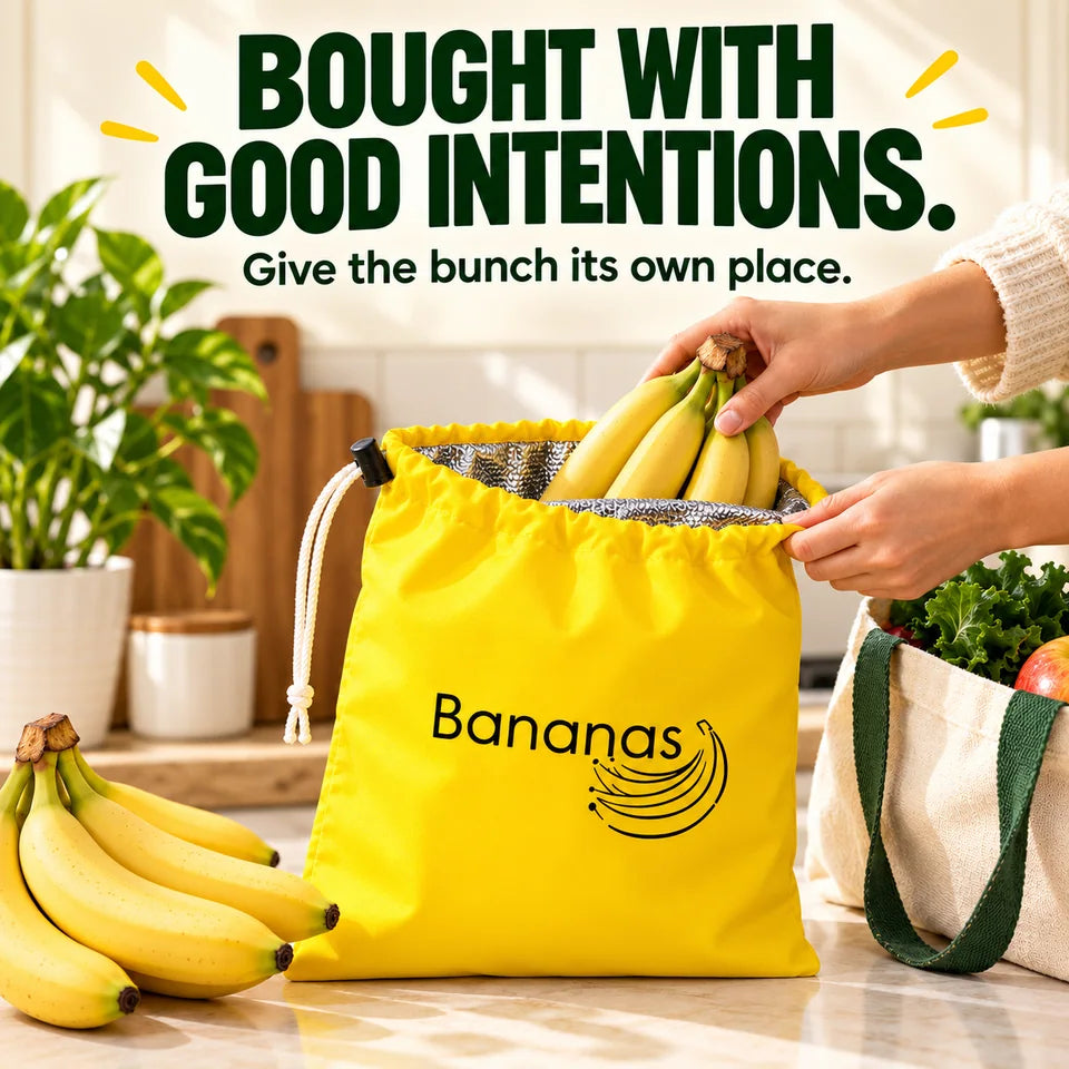 Bought with good intentions. A grocery-to-kitchen moment with the yellow pouch and ripe fruit. Food and market tote are not included.