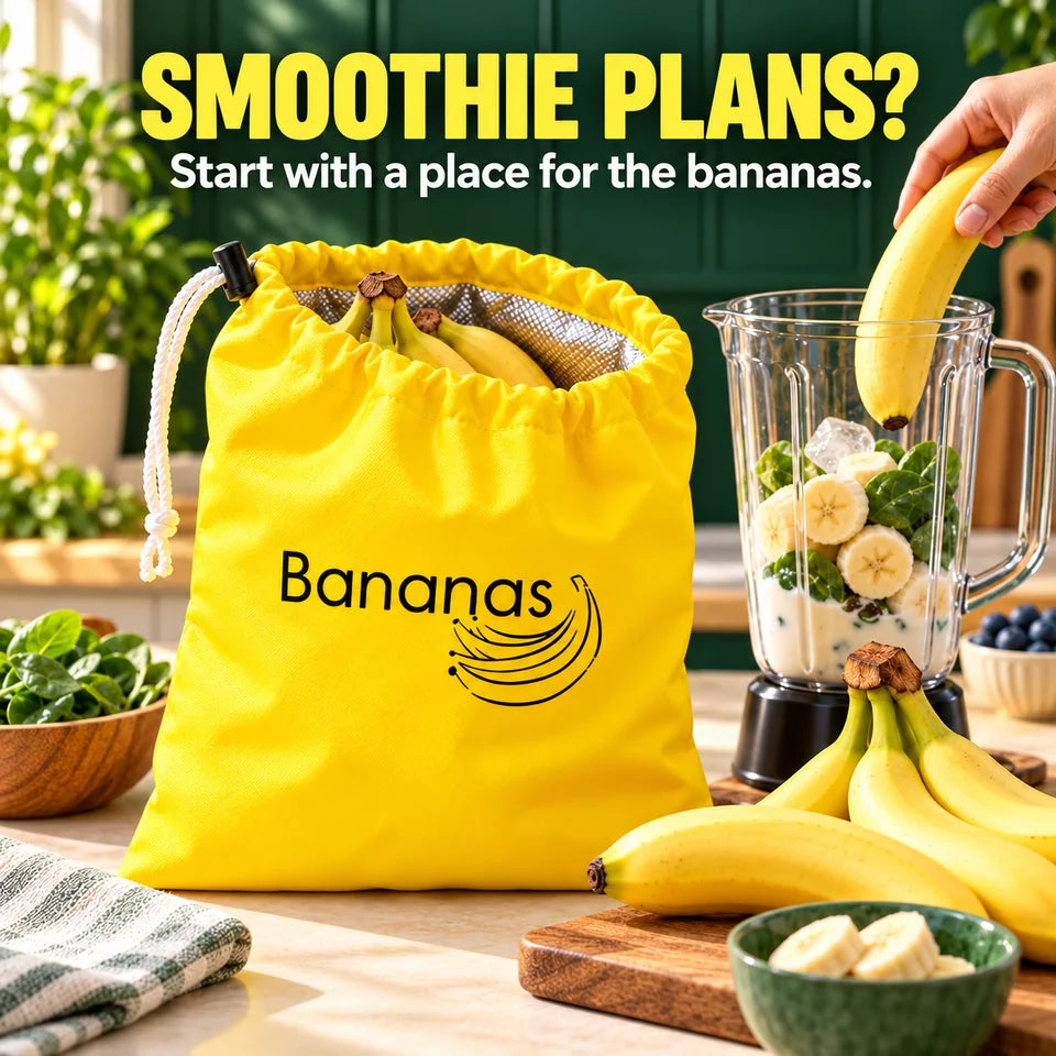 Smoothie plans? A ripe banana goes into a blender beside the storage bag. Blender, ingredients and other props are not included.