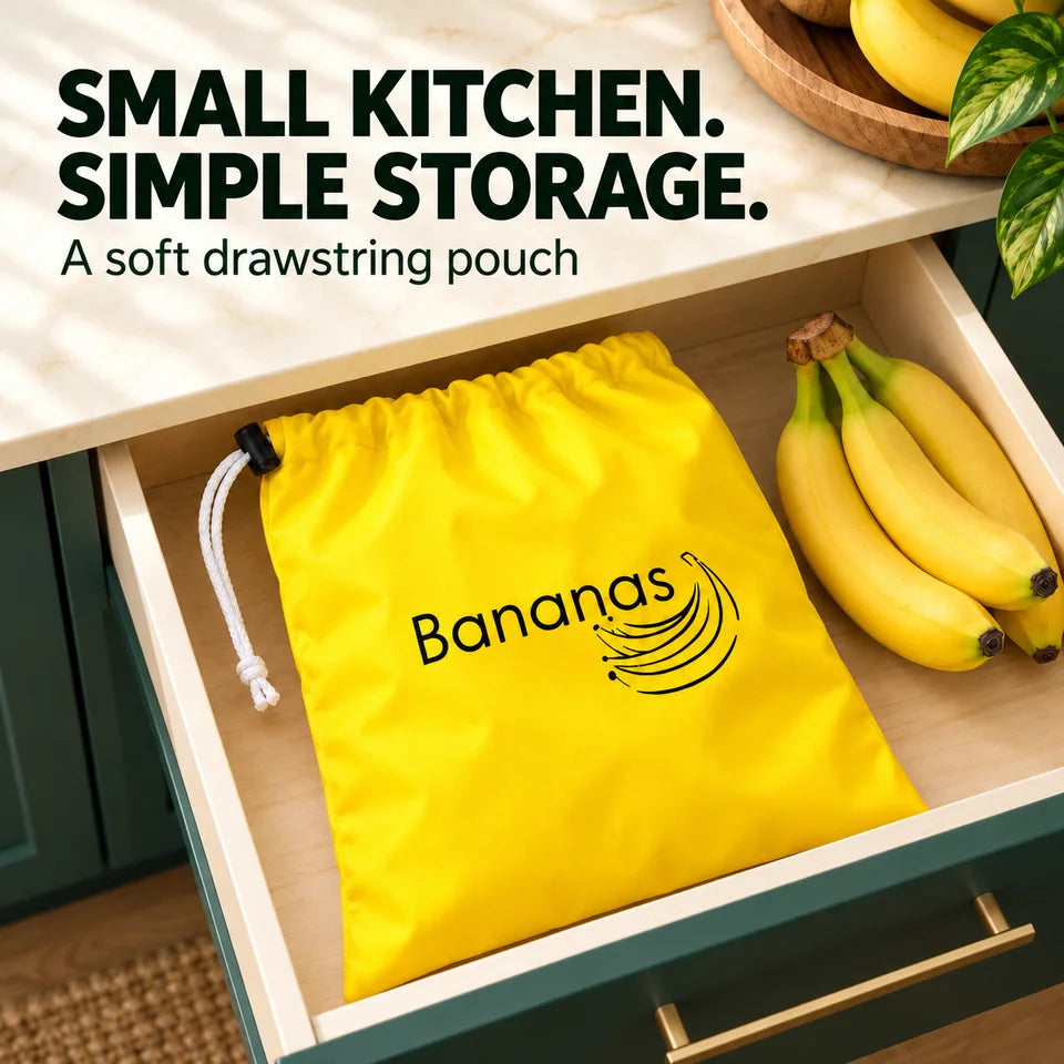 Small kitchen. Simple storage. The soft pouch lies flat in a drawer, showing one storage idea. Illustration; use the approximate29×35cm dimensions for fit.