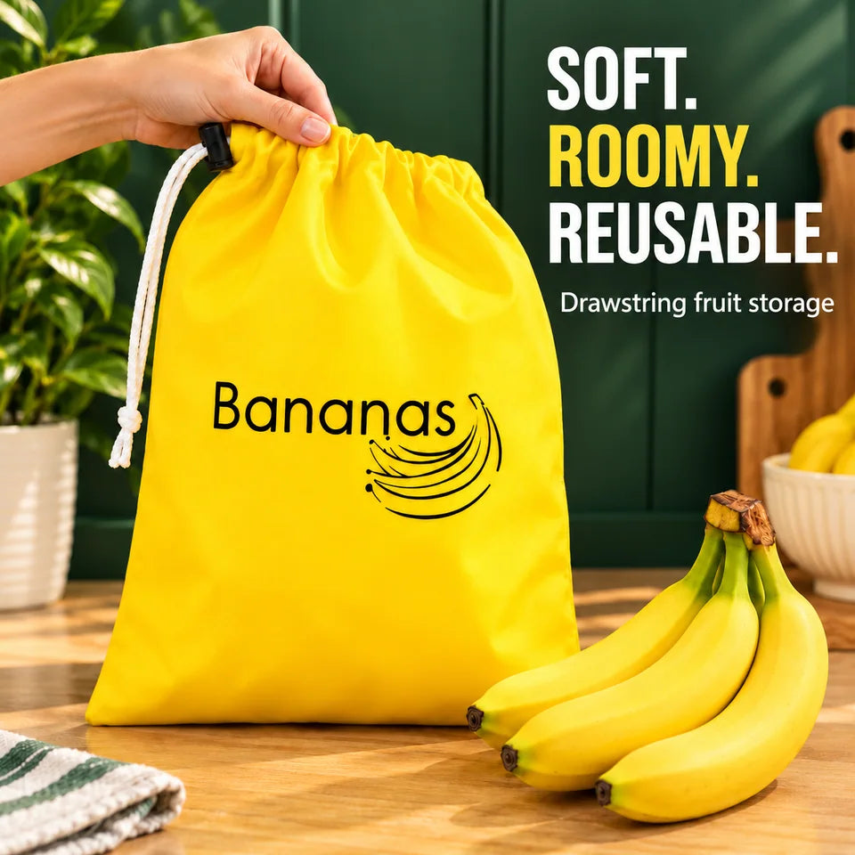 Soft. Roomy. Reusable. One yellow drawstring pouch held by an adult hand. Actual size and pack contents follow the selector and written specifications.