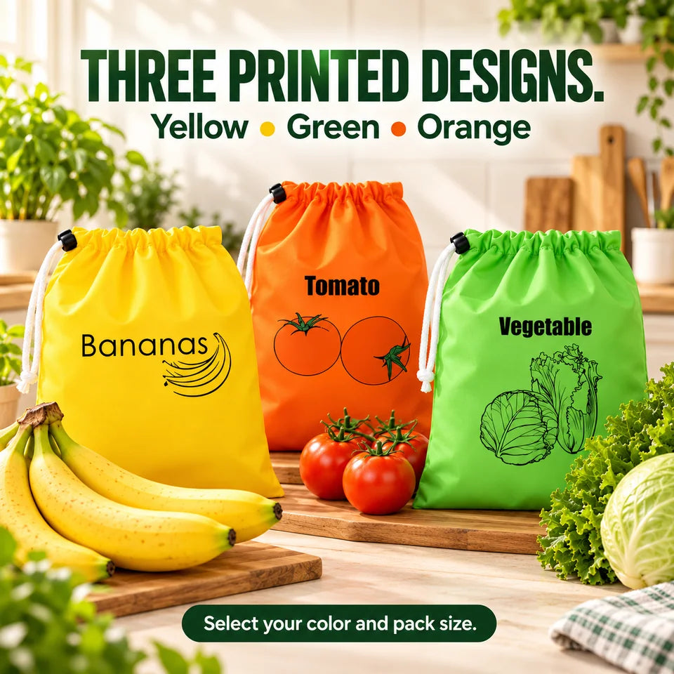 Three printed designs. Yellow Bananas, orange Tomato and green Vegetable prints are shown together. Select a color/pack or the listed three-color set;