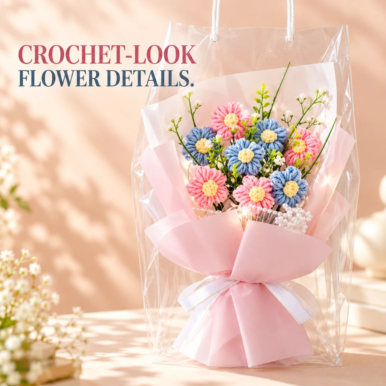 A close view of the crochet-look design.