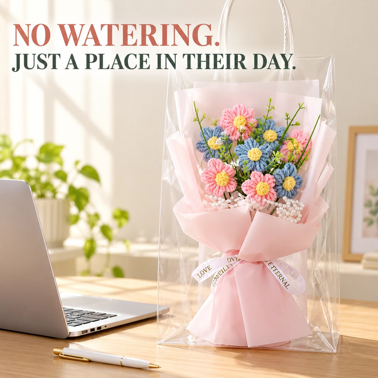 Artificial flowers displayed as indoor desk decor.