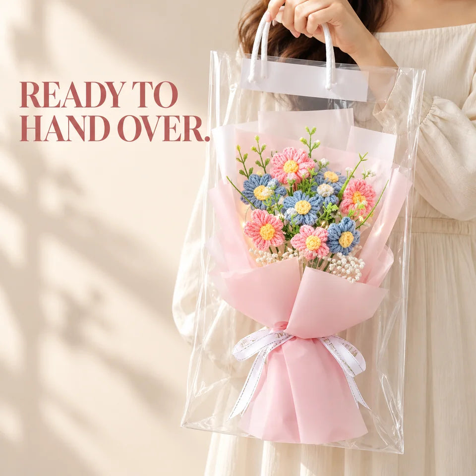 The clear carrier and wrapped bouquet presentation.