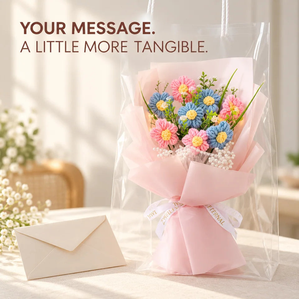 A bouquet styled with a personal-note envelope; envelope is a prop.