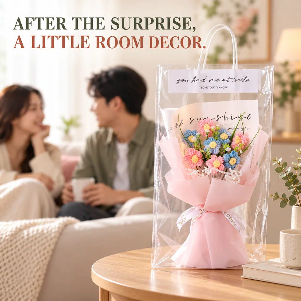 The bouquet displayed indoors after gifting.