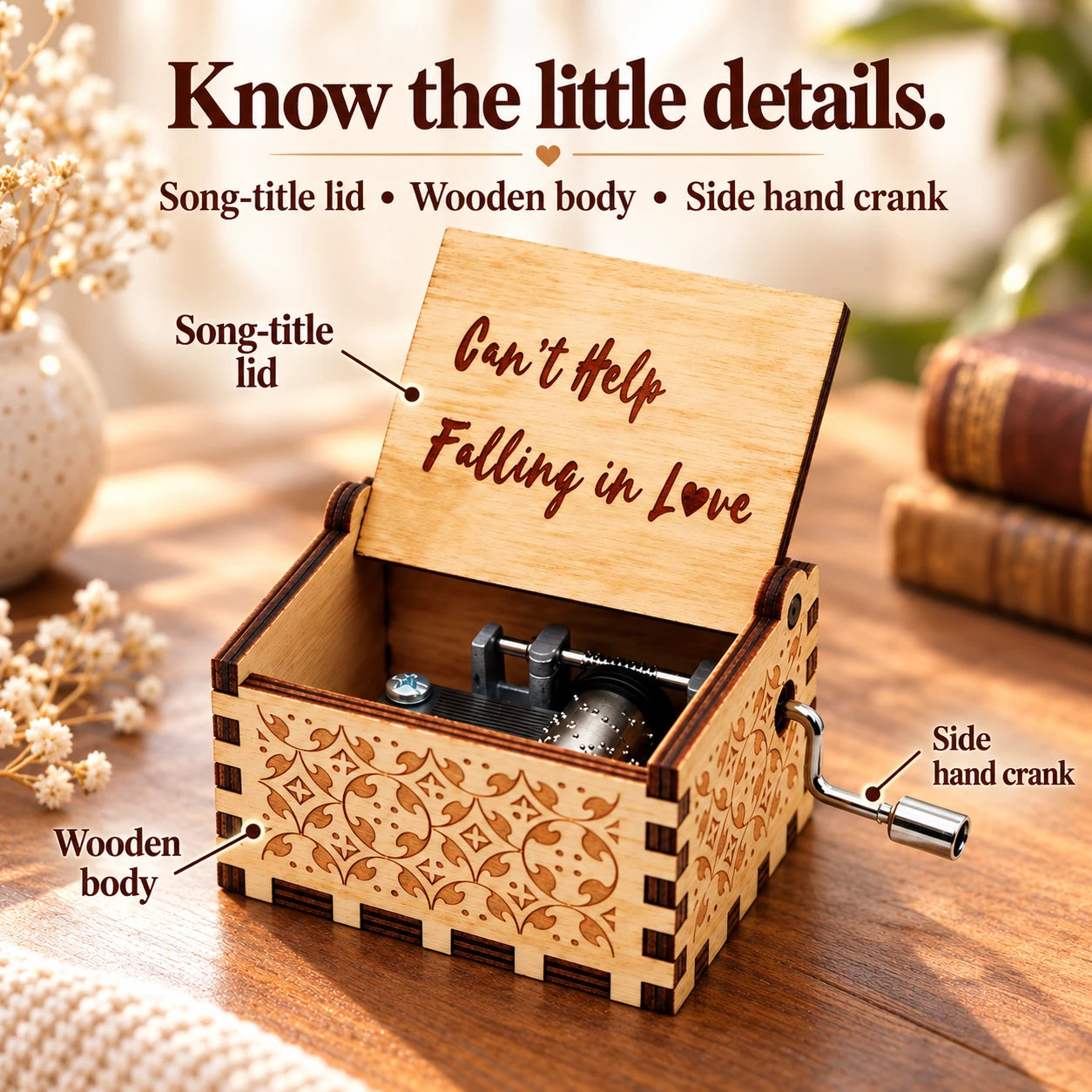 Callouts identify the song-title lid, wooden body and side hand crank.