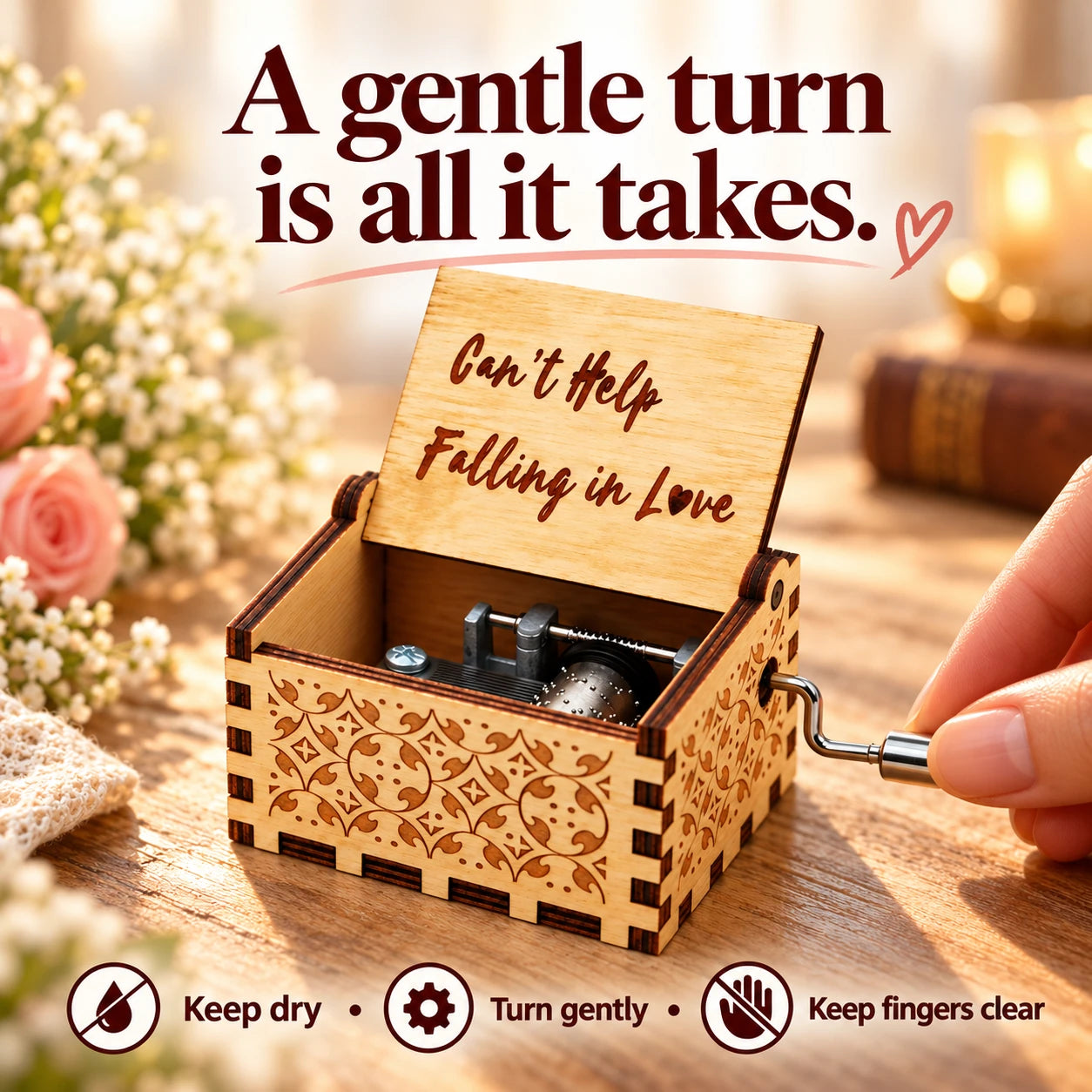 Gentle crank handling and dry indoor care; keep fingers clear of the movement.