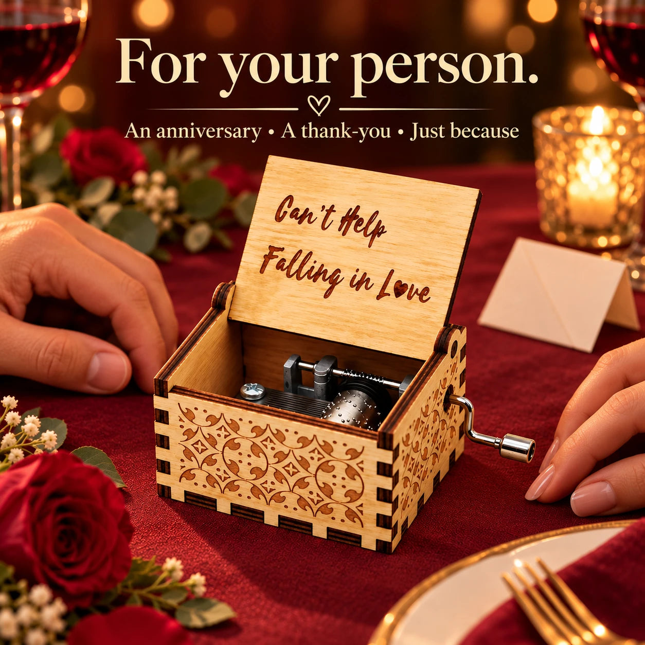 One music box in an anniversary or just-because setting. Other objects are styling props.