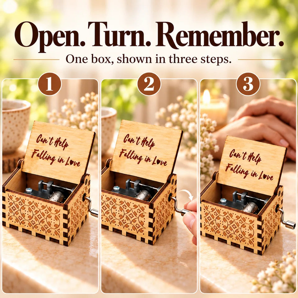 One music box shown in three steps, with the song engraving inside its open lid.