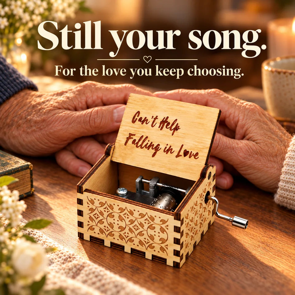 A styled long-term-couple moment with one hand-cranked keepsake.