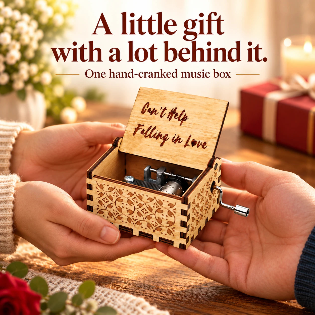 One wooden music box shown in adult hands for context; this is not a measurement diagram.