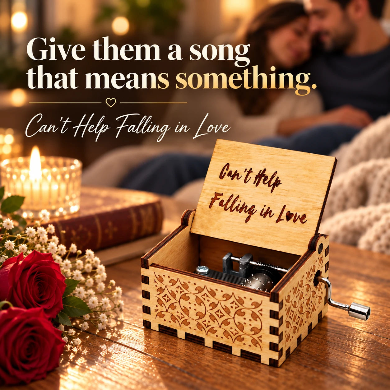 A song-led keepsake in a styled shared moment. The people shown are illustrative models.