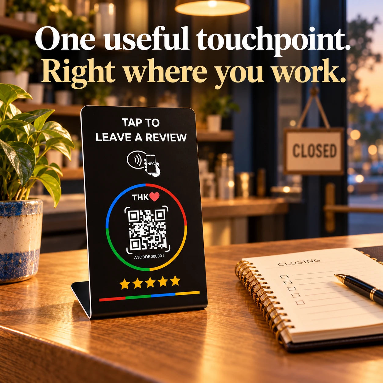 NFC and QR stand on warm shop counter beside a closing checklist.