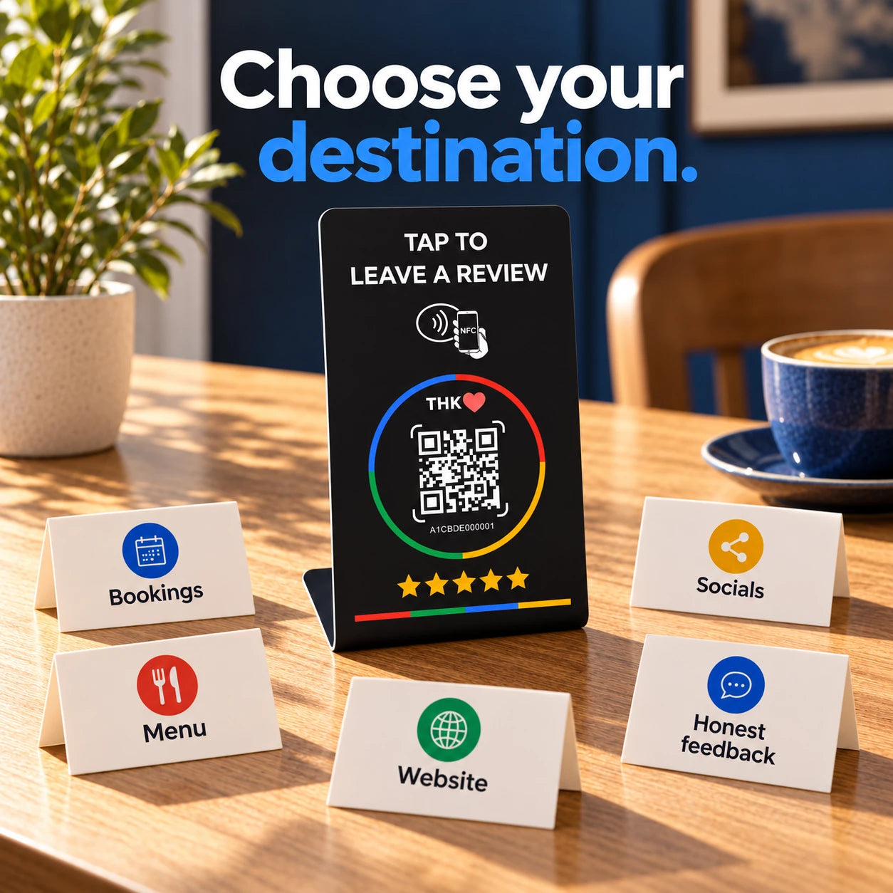 NFC stand surrounded by example link uses: bookings, menu, website, socials and honest feedback.