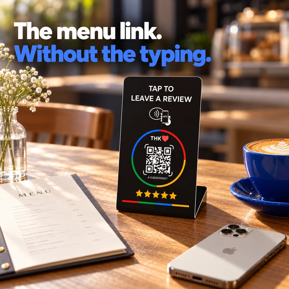 NFC and QR stand on cafe counter with a separate menu booklet.