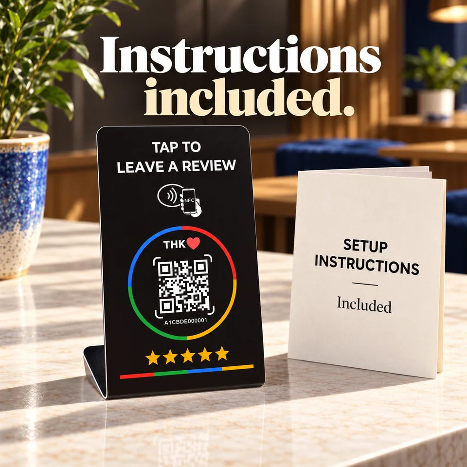 NFC stand beside a simple setup-instructions booklet.