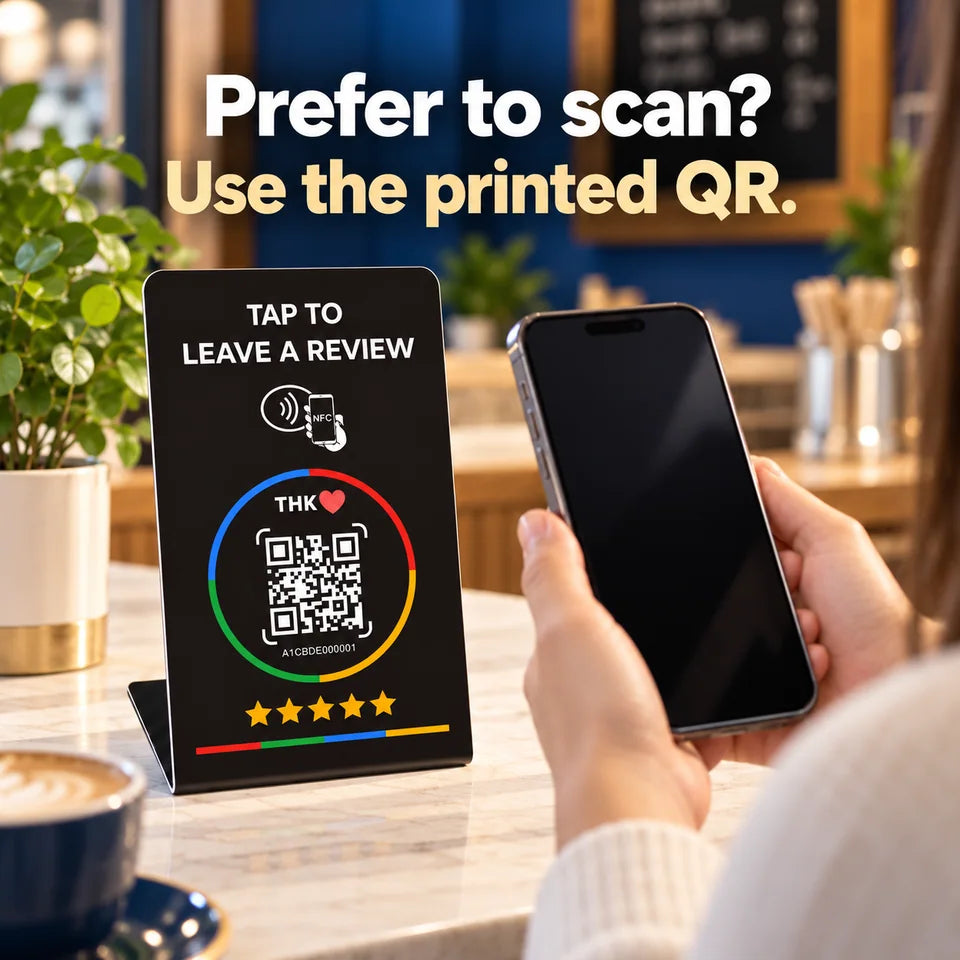 Phone held in scanning position near stand with separate-activation note.