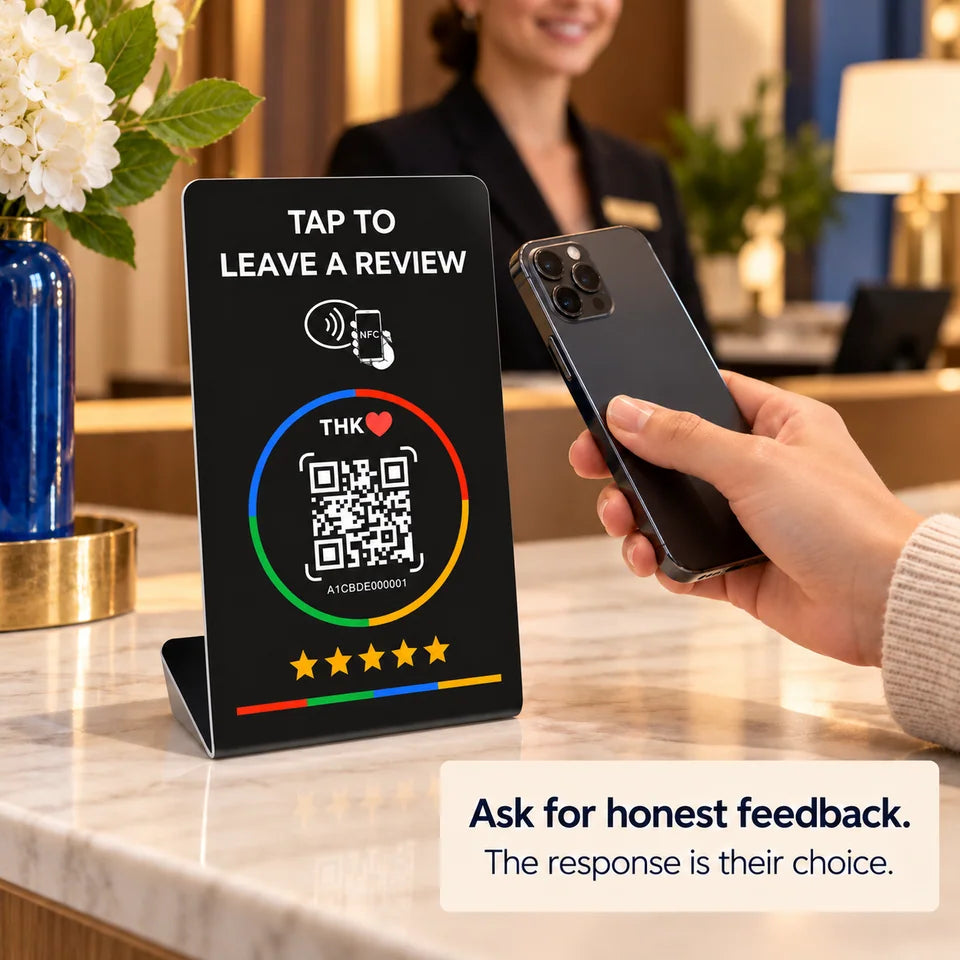 Stand at boutique counter with honest-feedback message and phone.
