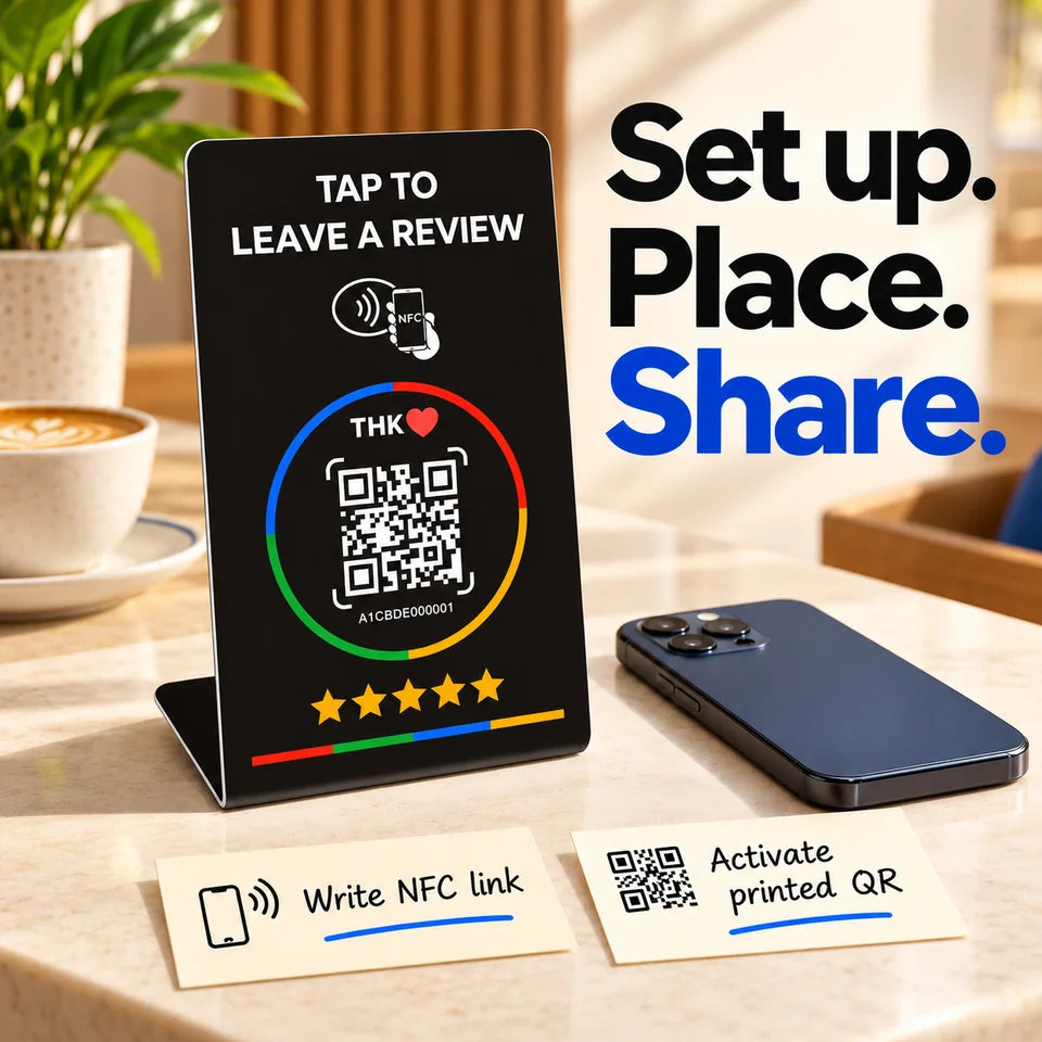 Black stand and phone with separate NFC-write and QR-activation reminder labels.