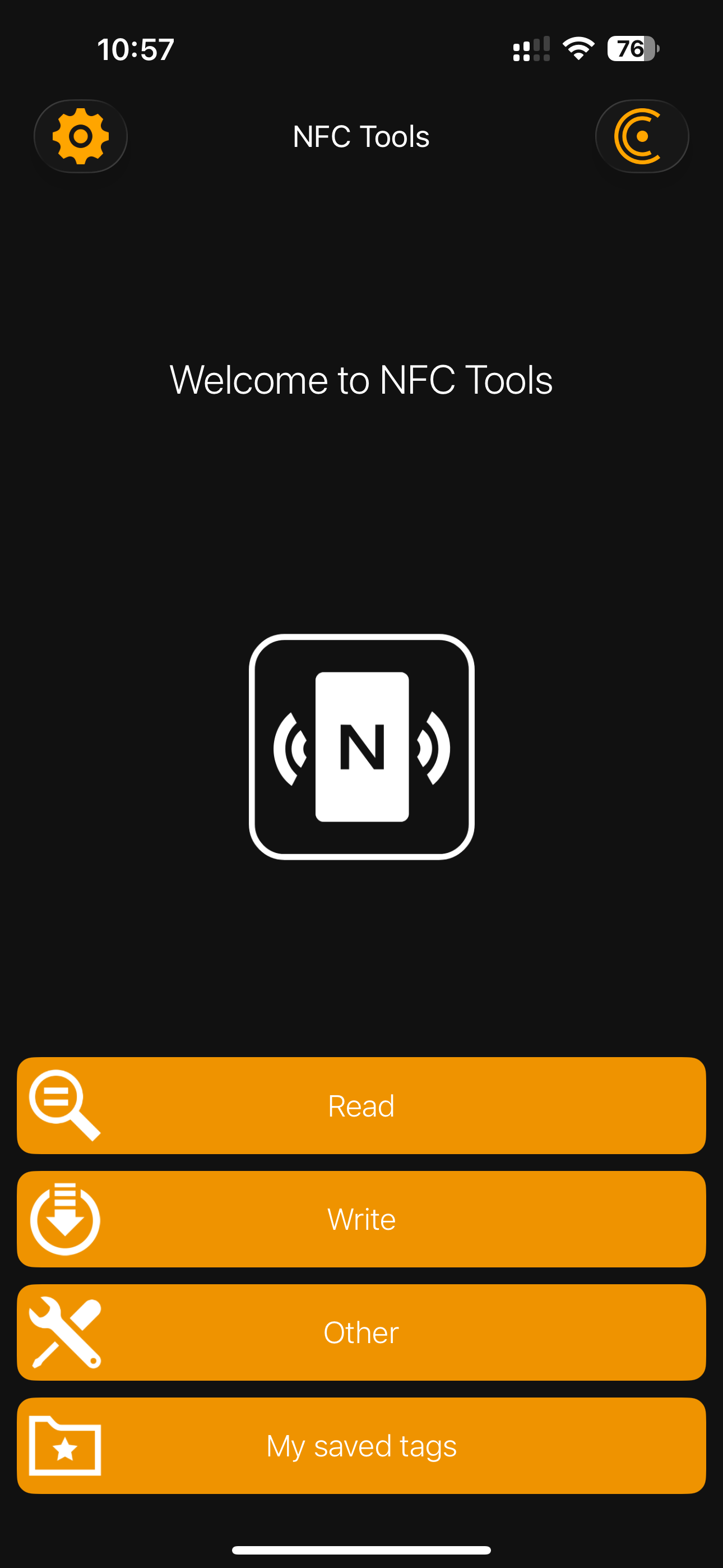 NFC Tools home screen with Read and Write options.